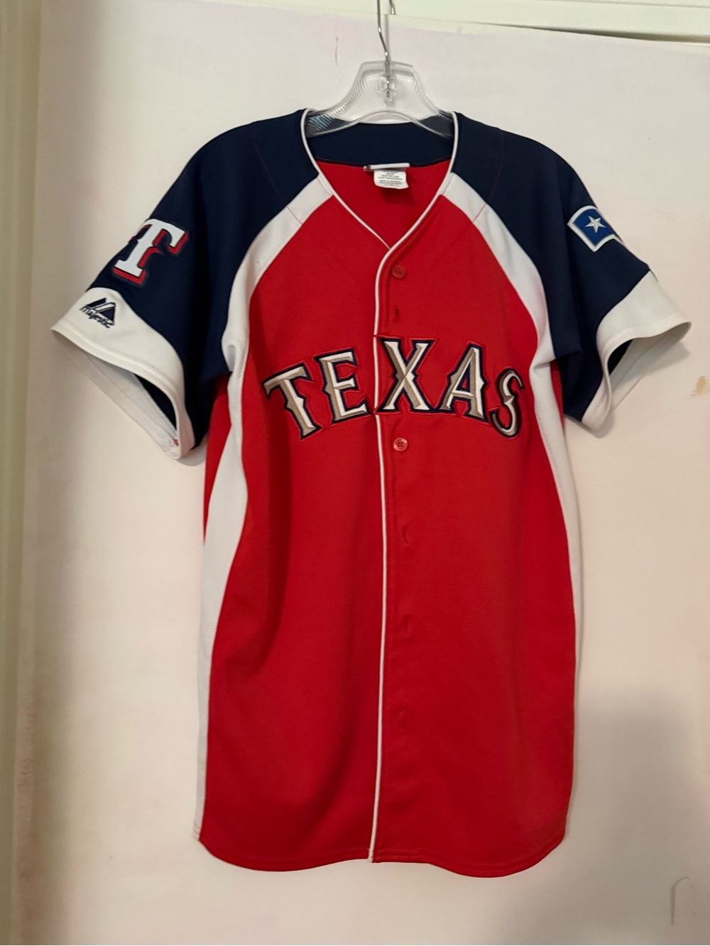 Majestic Texas Red Navy Baseball Jersey